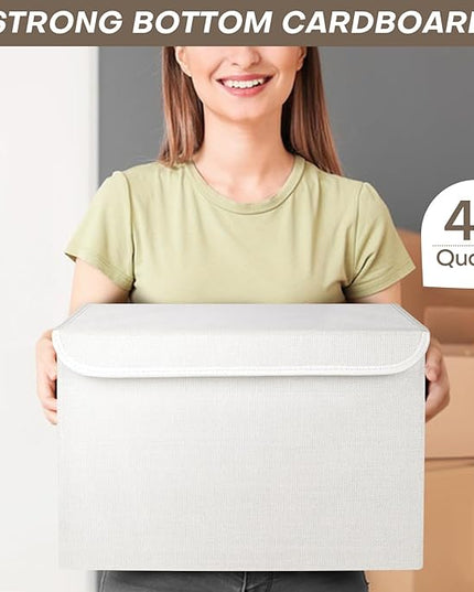 Large 17" 42 Quarts Collapsible Stackable Storage Bins with Lids [3-Pack] Foldable Fabric Linen Storage Boxes Cube, Closet Organizer Baskets with Label (16.7 x 12 x 12, White)