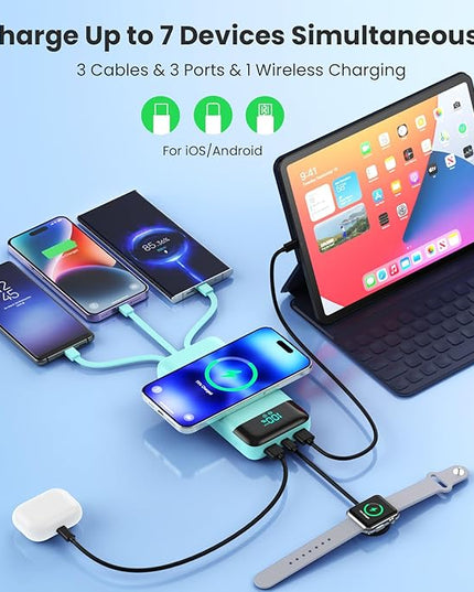 Wireless Portable Charger 40800mAh with 3 Built-in Cables,7-in-1 15W Wireless Charging Power Bank,25W PD QC 4.0 Fast Charging USB C LCD Display Battery Pack for iPhone 16/15/13,Samsung,Android-Green
