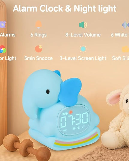 Alarm Clock for Kids with Night Light, Sleep Training Clock Time to Wake Clock, Rechargeable Silicone Light for Bedroom, Perfect Sleep Companion for Boys Girls，Blue Elephant