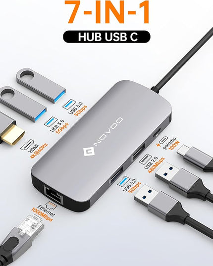 NOVOO USB C Hub Ethernet 4K@60 USB C HDMI Adapter Multiport Type C Adapter 4 USB 3.0 & USB2.0 Dongle 100W PD Dock Docking Station for MacBook Pro Air Apple iPad Pro Steam Deck Dell HP Lenovo 7-in-1