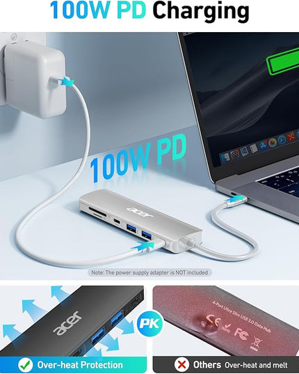 Acer USB C Dock, 7 in 1 USB-C to HDMI Hub, 2 USBA 3.1 GEN1 and 5Gbps Type-C Data Port, 4K HDMI Port, PD 100W Charging, SD Card Reader, for iPad Pro MacBook Pro Laptops and More (Silver)