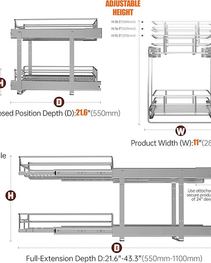 JOWBOOW 2 Tier Pull Out Cabinet Organizer (11" W x 22" D), Roll Out Shelves and Drawer for Kitchen Pantry Storage Basket, Heavy-Duty Metal Sliding Shelf