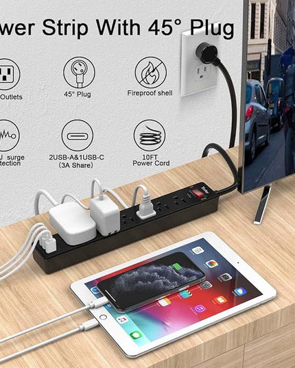10 Ft Power Strip Surge Protector - Yintar Extension Cord with 6 AC Outlets and 3 USB Ports for Home, Office, Dorm Essentials, 1680 Joules, ETL Listed, Black