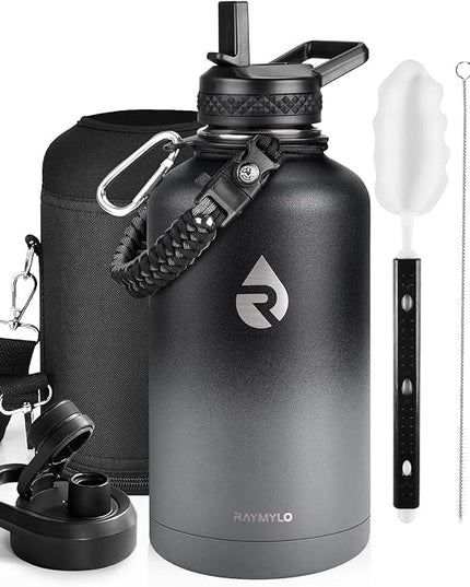 Insulated Water Bottle 64 oz, Triple Wall Vacuum Stainless Steel (Cold for 48 Hrs), Leak Proof & Non-BPA, Half Gallon Water Flask Jug with Paracord Handle & Straw Spout Lids, Dark Gray