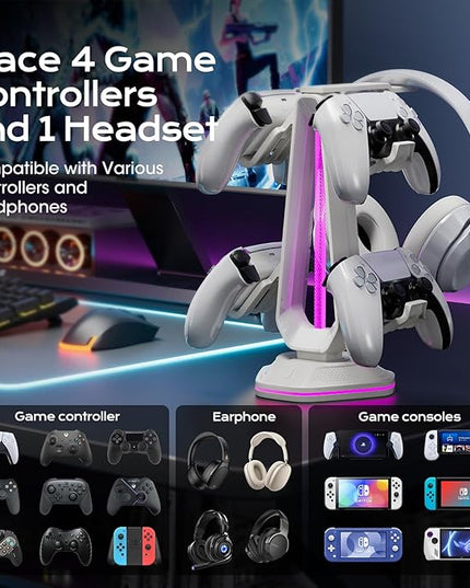 Saitake RGB Controller Stand with 9 Light Modes,Controller Holder with 2 USB Ports,Headset Stand for Desk-Headphone Holder Suitable for All Headphones and Controller (White)