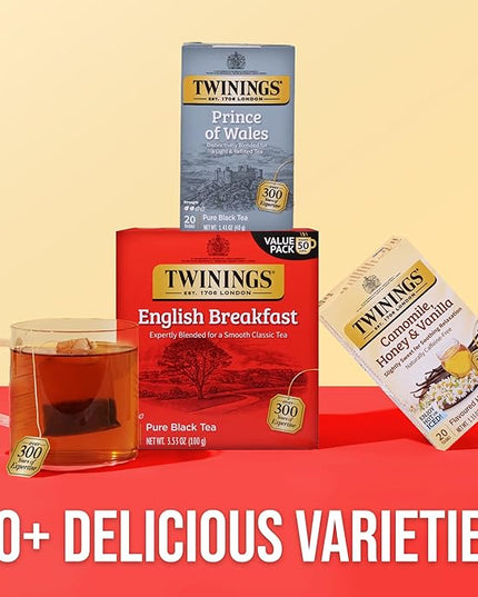 Twinings Prince of Wales Black Tea Individually Wrapped Bags, 20 Count (Pack of 2), Velvety Smooth & Mild, Caffeinated, Enjoy Hot or Iced, 20 Teabags