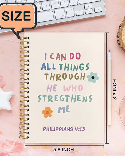 Christian Spiral Journal Notebook 5.5x8.3in, I Can Do All Things Through He Who Strengthens Me，Philippians 4:13 Bible Journal, Cute Floral Bible Notebooks for Note Taking, Hardcover Notebook