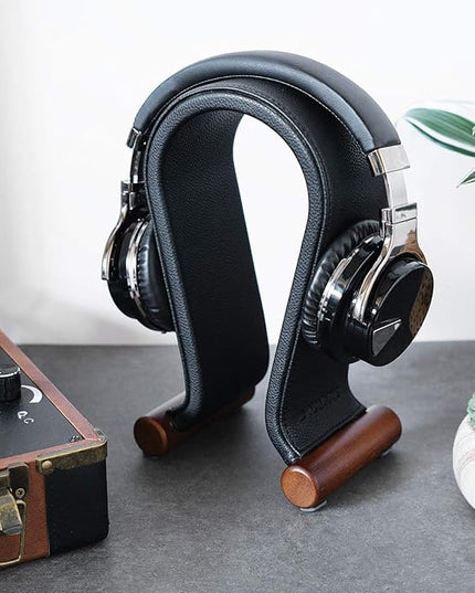Navaris Omega Headphone Stand - Synthetic Leather Headset Hanger with Wood Base - Holder for Wired, Wireless, Gaming, DJ, Studio Headphones - Black