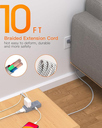 Extension Cord 10 ft, BESHON Flat Plug Power Strip, 4 Widely Outlets with 3 USB Ports (2 USB C), Extension Cord with Multiple Outlets for Home, Office, Dorm Room Essentials Gray