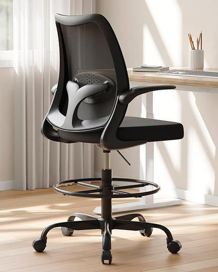 Drafting Chair,Tall Office Chair with Adjustable Footrest Ring,Lumbar Support,Ergonomic High Desk Seat,Flip-Up Armrests,Breathable Mesh Standing Stool for Home Office,Black