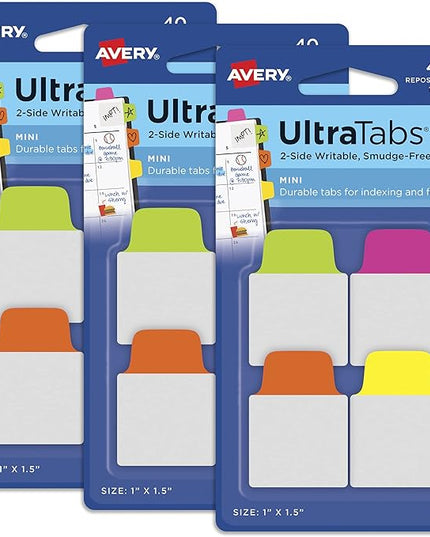 Avery Mini Ultra Tabs, 1" x 1.5", 2-Side Writable, Assorted Neon Colors, Repositionable Tabs, 40 Per Pack, 120 Total (3-Pack of 74759)