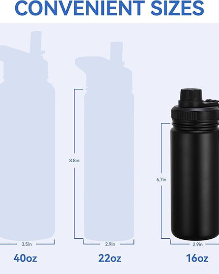 DOMICARE 16 oz Kids Water Bottle for School Stainless Steel Double Wall Vacuum Insulated Water Bottle with Straw lids & Spout Lid, Leakproof BPA Free （Black,4）