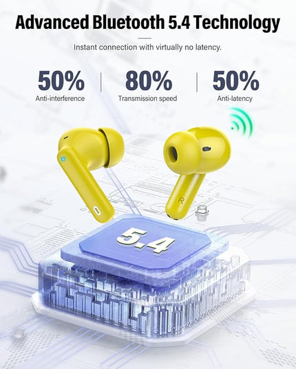 Wireless Earbuds, Bluetooth 5.4 Headphones Bass Stereo, Ear Buds with Noise Cancelling Mic, LED Display in Ear Earphones Clear Calls, IP7 Waterproof Bluetooth Earbuds for Laptop/Phones/Sports, Yellow
