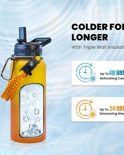 Insulated Water Bottle 32 oz, Triple Wall Vacuum Stainless Steel (Cold for 48 Hrs), Leak Proof & Non-BPA, Modern Water Flask Jug with Paracord Handle & Straw Spout Lids, Ombre Orange