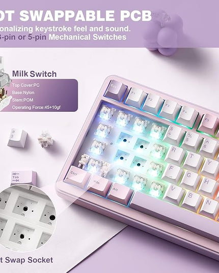 YUNZII B75 PRO Wireless Mechanical Keyboard,75% Layout with Knob,Hot Swap Gasket Custom Structure,Creamy Pre-lubed Switches,RGB Backlit,Bluetooth/Type-C/2.4G for Win/Mac(Milk Switch,Purple)