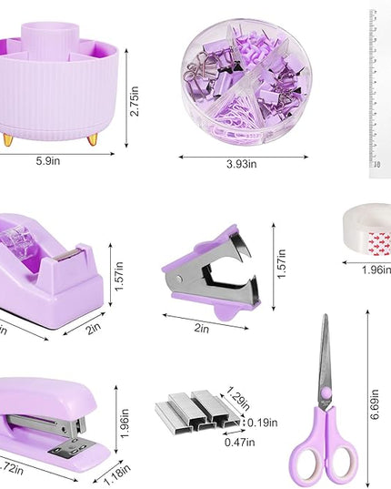 Desk Organizers and Accessories Set with 360-Degree Rotating Pen Holder, Tape Dispenser, Stapler, Staple Remover, 1000 Staples, Tape, Clips Set, Ruler, Scissor, Pen