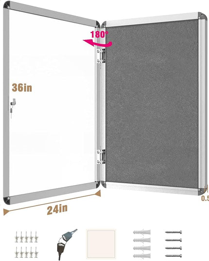 Mifuro 36"x24" Enclosed Bulletin Board, Lockable Weather-Resistant Aluminum Cork Noticeboard for School & Office, Silver Frame w/Grey Flet