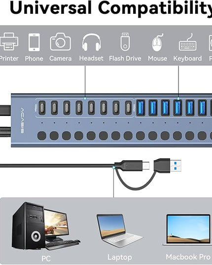 Powered USB 3.2 Hub, ACASIS 16 Ports USB 3.2 Hub(8 USB-A 3.2 Ports+8 USB-C 3.2 Ports), Aluminum USB Hub Powered with 96W Power Adapter, USB Hub for PC/Laptop, Computer, Flash Drive, Printer, Camera