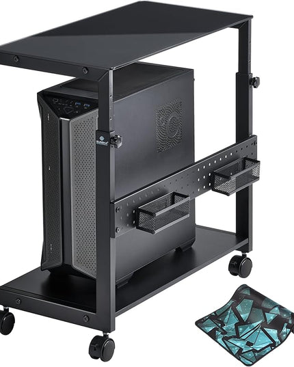 EUREKA ERGONOMIC PC Stand Computer Cart Frosted Glass, Height Adjustable Tower Stand 2-Tier Suit for ATX Case Printer, Metal Rolling Cart on Wheels for Gaming Home Office, Black