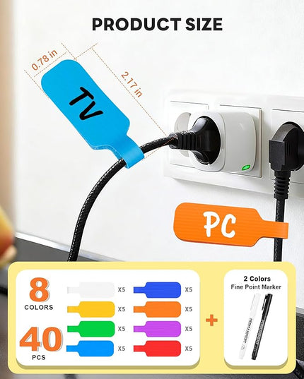 40 Pcs Cable Labels with 2 Colors Fine Point Marker, for Organizing Wires and Identification, Multicolored Handwriting Cord Labels, Reusable with Multiple Uses - Large Size