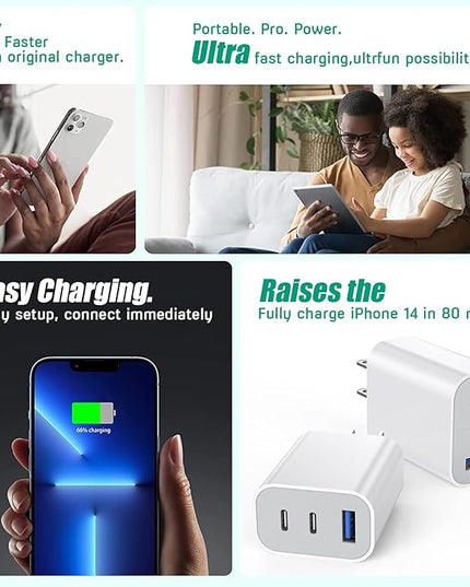 [3Pack] iPhone 17 16 15 Fast Charger Block 35W 3-Port Fast USB C Charger Block Multiport Double Port PD+QC Wall Plug Compatible with iPhone 17/17 Pro/16 ProMax/16 Plus/iPhone 15/15Pro/15 ProMax/14/13