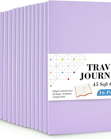 16 Pack Soft Cover Journal Bulk, Feela Lined Notebooks College Ruled for Work for Women Girl Writing, Blank Travel Journal Note Taking Notebook School Business Supplies, 8.2” x 5.5”, A5, Light Purple