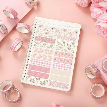 YooNotee 12 Rolls Watercolor Floral Washi Tape Set 15 mm Vintage Flower Decorative Masking Tape for Arts DIY Craft Scrapbook Envelope Party Supplies Gift Wrapping(Light Pink,Polka Dots and Floral)