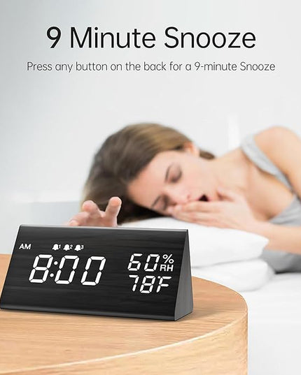 Digital Alarm Clock, with Wooden Electronic LED Time Display, 3 Alarm Settings, Humidity & Temperature Detect, Wood Made Electric Clocks for Bedroom, Bedside (Black)