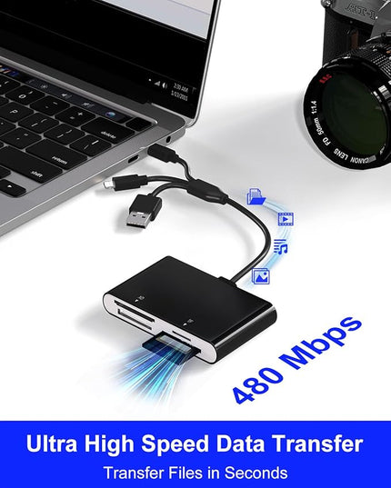Memory Stick Pro Duo Card Reader, 4 in 1 SD/TF/MS/XD Card Reader with L-ightning+USB A+USB C, Multi Card Reader Support OTG, Fast Data Transfer, Memory Stick Reader for i-Phone/Android/PC