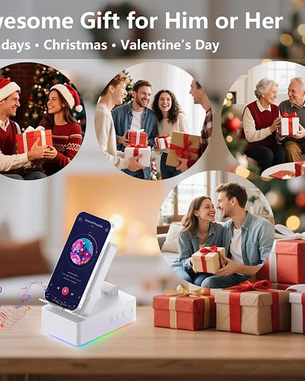 Wireless Induction Bluetooth Speaker, 5-in-1 Foldable Phone Holder, 1500mAh Emergency Charging, Colorful LED Ambient Light, Tech Gadgets Gifts for Men Women, for iPhone Android Tablet, Ivory