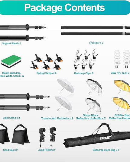 EMART 6.5x10ft Backdrop Support System, Professional Photography Lighting Kit with 45W CFL Blub, Umbrellas, 6x9ft Backdrop(White/Black/Green) for Photography Studio, Portrait, Video Shooting
