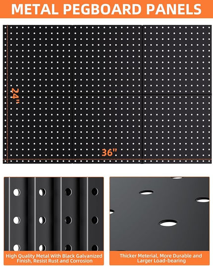 INCLY 6 Pack 12"x12" Black Metal Pegboard Panels, Heavy Duty Pegboard Wall Organizer with Frame, Black Peg Board for Walls, Garage, Workbench, Shed, Kitchen, Craft Room Tool Organization