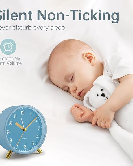 Analog Alarm Clock, 4 inch Super Silent Non Ticking Small Clock with Night Light, Battery Operated, Simple Design, easy setting for Office, Bedroom, Bedside, Desk, teens, elders, kids, adult, Skyblue