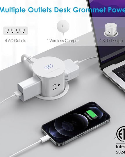 Jgstkcity Pop Up Outlet with 15W Wireless Charger,4 Outlets 15A, Splash Resistant,3 inch Desk Hole Power Grommet,Space Saver Outlet for Kitchen Countertop,Office Conference Table,ETL Listed