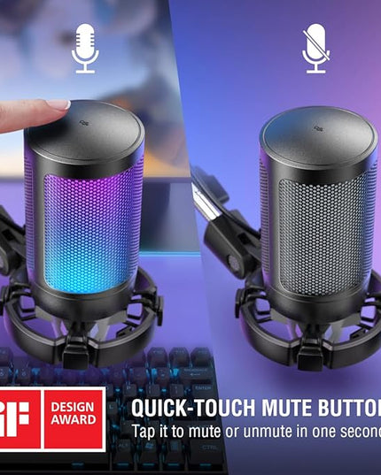 FIFINE Gaming PC USB Microphone, Podcast Condenser Mic with Boom Arm, Pop Filter, Mute Button for Streaming, Twitch, Online Chat, RGB Computer Mic for PS4/5 PC Gamer Youtuber-AmpliGame A6T