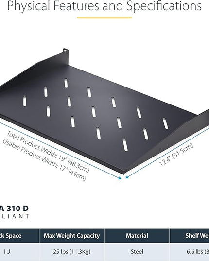 StarTech.com 1U Vented Server Rack Shelf, 12in/31.5cm Mounting Depth, for 19" Rack/Cabinet, SPCC Steel, Max 25lb/11.3kg