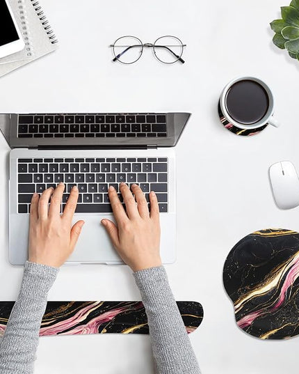 Britimes Black Pink Gold Marble Ergonomic Mouse Pad Set with Wrist Rest Non-Slip Rubber Base Wrist Cushion Support and Coasters Mousepad with Wrist Support for Computer Keyboard and Desk
