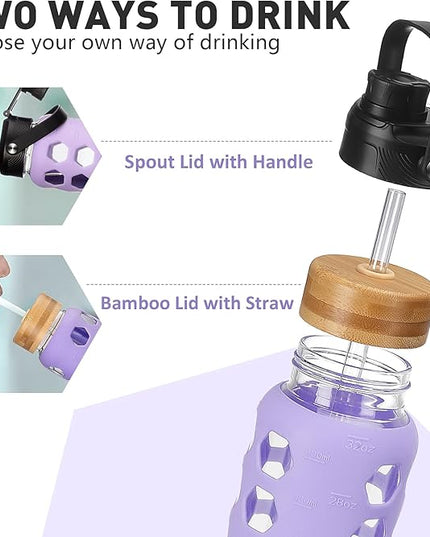 MUKOKO Glass Water Bottles, 24oz Glass Tumbler with Straw, Drinking Bottles with 2 Lids-Handle Spout Lid&Bamboo Straw Lid, Motivational Water Bottle with Time Marker and Silicone Sleeve, 1 Pack-Purple