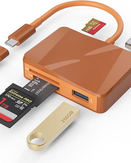 SD Card Reader, 5 in 1 USB-C & USB Card Adapter with SD/MicroSD/MS and Dual USB-A Ports Memory Card Reader for iPhone 17/16/15 Pro Max iPad MacBook Pro/Air M4/M3 Android Phone/Tablet PC (Terracotta)