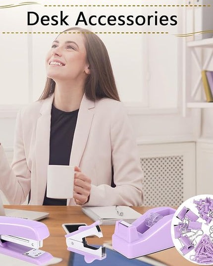 Office Supplies Set,Desk Accessories,Stapler and Tape Dispenser Set,1000 Staples,Staple Remover,Hinder Clips,Scissor,Index Tabs,Clear Tape,Ballpoint Pen,Coworkers(Purple)