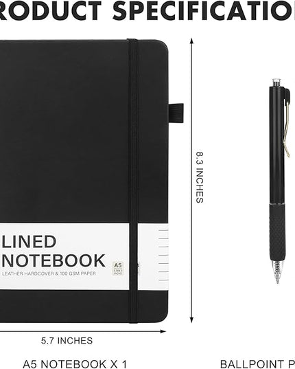 Aodaer 1 Set Lined Notebook Journal with Pen A5 Notebooks 100 GSM College Ruled Hardcover Notebook PU Leather Notepad with Pen Holder for Office School, 5.7 x 8.3 Inches, Black