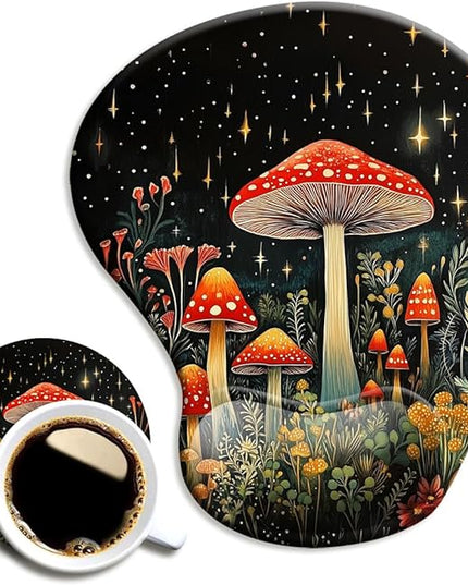 Ergonomic Mouse Pad with Wrist Support,Mouse Pad with Wrist Rest and Coaster Set,Office Supplies Non-Slip Mouse Pads for Desk, Non-Slip Comfortable,Mushroom Star