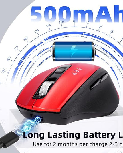 Wireless Bluetooth Mouse with USB A, USB C Receiver, Rechargeable, Multi Device Mouse, Silent, Ergonomic, Full Size, Portable, for iPad/MacBook/PC/Computer/Laptop-Red