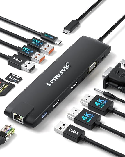 Lemorele 13-in-1 USB C Docking Station with Triple Display, 2X 4K HDMI, VGA, 100W PD, 6 USB Ports (incl. USB-C 3.2), Gigabit Ethernet, SD/TF Reader, 3.5mm Audio for MacBook/Windows