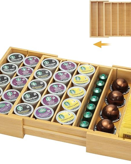 MinBoo Bamboo K Cup Holder for Drawer or Countertop Coffee Pod Holder Expandable K Cup Pod Storage Tea bag organizer K Cup Storage for Coffee Station Home Office and Kitchen