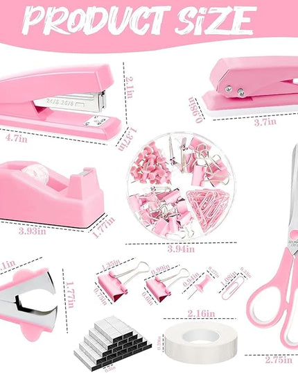 Pink Office Supplies, 17Pcs Pink Desk Accessories Set Include Stapler, Mesh Desk Organizer, Tape Dispenser, Staple Remover, Pen Holder, Clips, Pens, Ruler, for Office Home School Women Students Gift