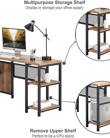 FATORRI L Shaped Computer Desk with Wood Shelves, Industrial Rustic Home Office Corner Desk with Metal Legs (Rustic Oak, 59 Inch)