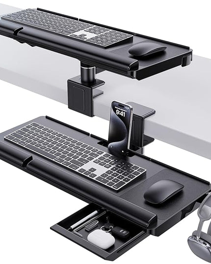 Klearlook Upgraded Adjustable Keyboard Tray for Above Desk & Under Desk Use - Ergonomic Sit-Stand Keyboard Riser with 360° Rotation, 24.4"×10" Keyboard Stand with Wrist Rest & Storage Drawer - Black