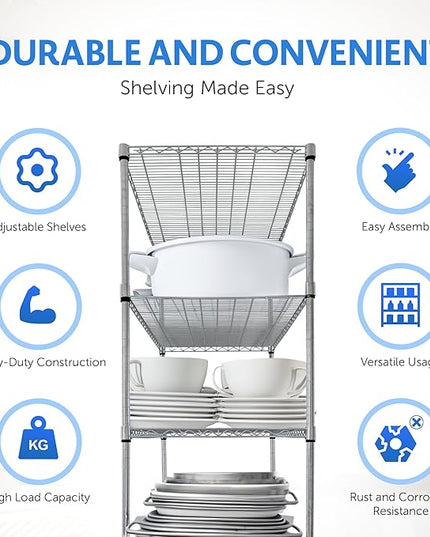 4000 LBS Heavy Duty Metal Shelving Unit – 36x18x76 NSF 5-Tier Wire Rack with Wheels, Adjustable Garage Storage Shelves, Chrome Wire Shelving for Kitchen, Warehouse, Bakers Rack – Crescent
