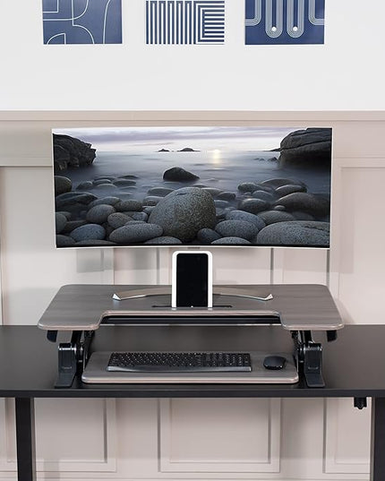 VIVO 36 inch Height Adjustable Stand Up Desk Converter, V Series, Quick Sit to Stand Tabletop Dual Monitor Riser Workstation, Gray Top, Black Frame, DESK-V000VG